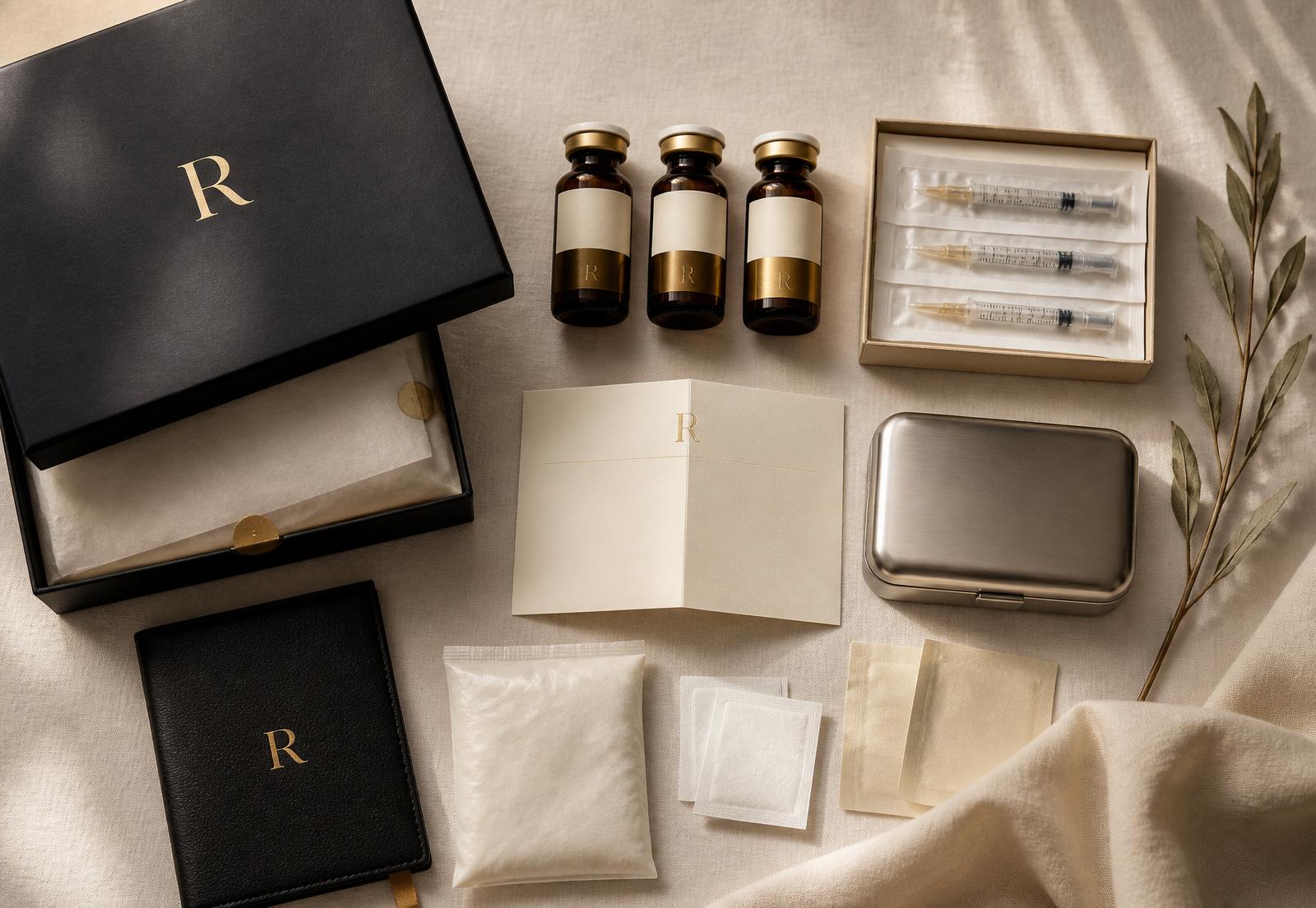 Overhead view of every item in the Rehab® Health Lab kit laid out on ivory linen — box, vials, syringes, welcome card, travel case, ice pack, alcohol swabs, and booklet